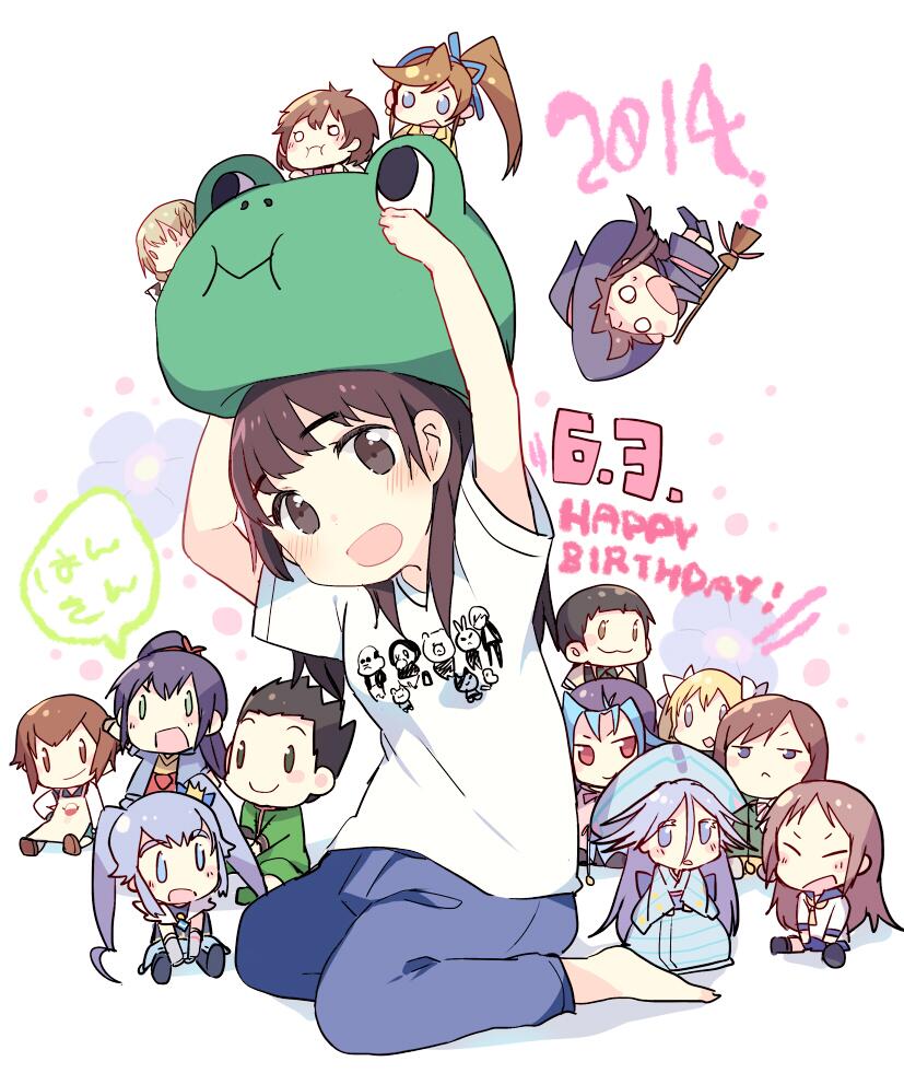 0_0 1boy 2014 6+girls :3 :d ace_attorney apron arms_up athena_cykes black_eyes black_hair blonde_hair blue_eyes blue_hair blue_headwear blush_stickers broom broom_riding brown_eyes brown_hair character_print character_request copyright_request crossover cure_princess dated denim diamond_mouth frog frown gon_freecss grey_eyes hair_between_eyes hair_ribbon han_megumi hand_on_own_hip happinesscharge_precure! happy_birthday hat hunter_x_hunter jeans jitome kagari_atsuko little_witch_academia long_hair looking_at_viewer mini_person minigirl multiple_girls o_o open_mouth pants phoenix_wright:_ace_attorney_-_dual_destinies ponytail precure print_shirt purple_hair purple_headwear red_eyes ribbon school_uniform serafuku shirayuki_hime shirt short_sleeves sitting skirt smile t-shirt taneda_yuuta twintails voice_actor_connection white_shirt witch_hat yu-gi-oh! yu-gi-oh!_zexal