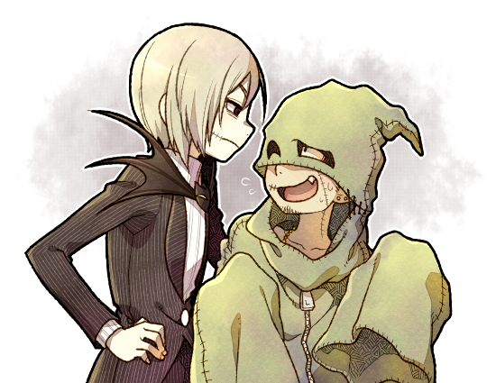 2boys cloak hood hooded_cloak jack_skellington kiri_futoshi long_sleeves male_focus multiple_boys oogie_boogie personification simple_background the_nightmare_before_christmas
