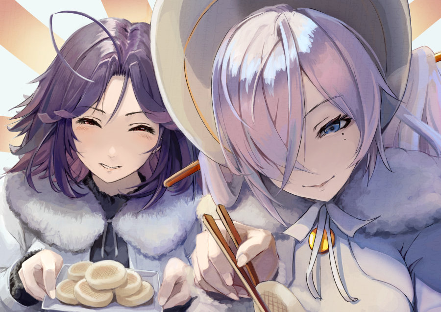 2girls blue_eyes character_request chopsticks food fur_trim hair_over_one_eye holding iron_saga looking_at_viewer miyabinp multiple_girls nicola_(resonance_solstice) purple_hair resonance_solstice short_hair smile