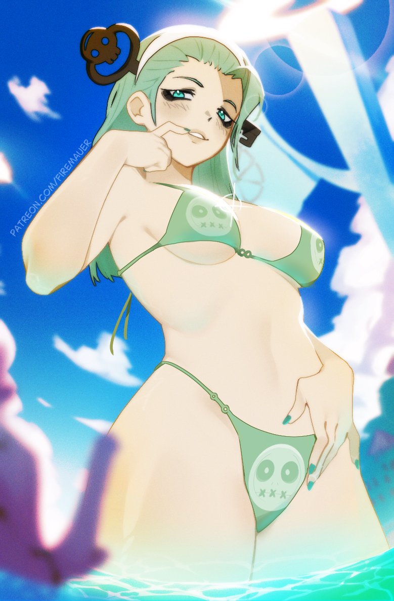 1girl a.b.a bikini blue_sky blush breasts cloud commission english_text finger_to_mouth firemauer green_bikini green_eyes green_hair green_nails guilty_gear guilty_gear_strive hairband halo hand_on_own_hip key key_in_head long_hair medium_breasts object_through_head patreon_username sideboob sky solo swimsuit thighs underboob water