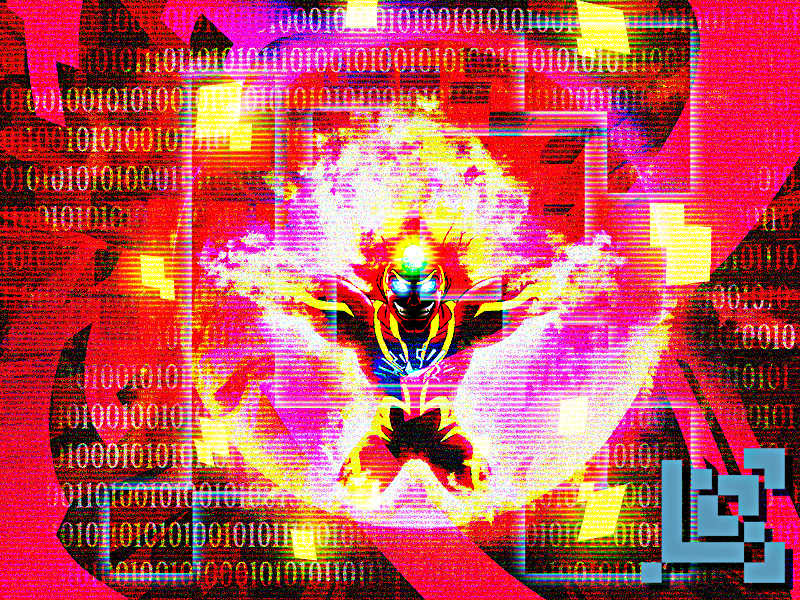 1boy binary blue_eyes boss creepy fiery_hair fire grin kid_icarus male_focus no_humans nude pyrrhon smile solo