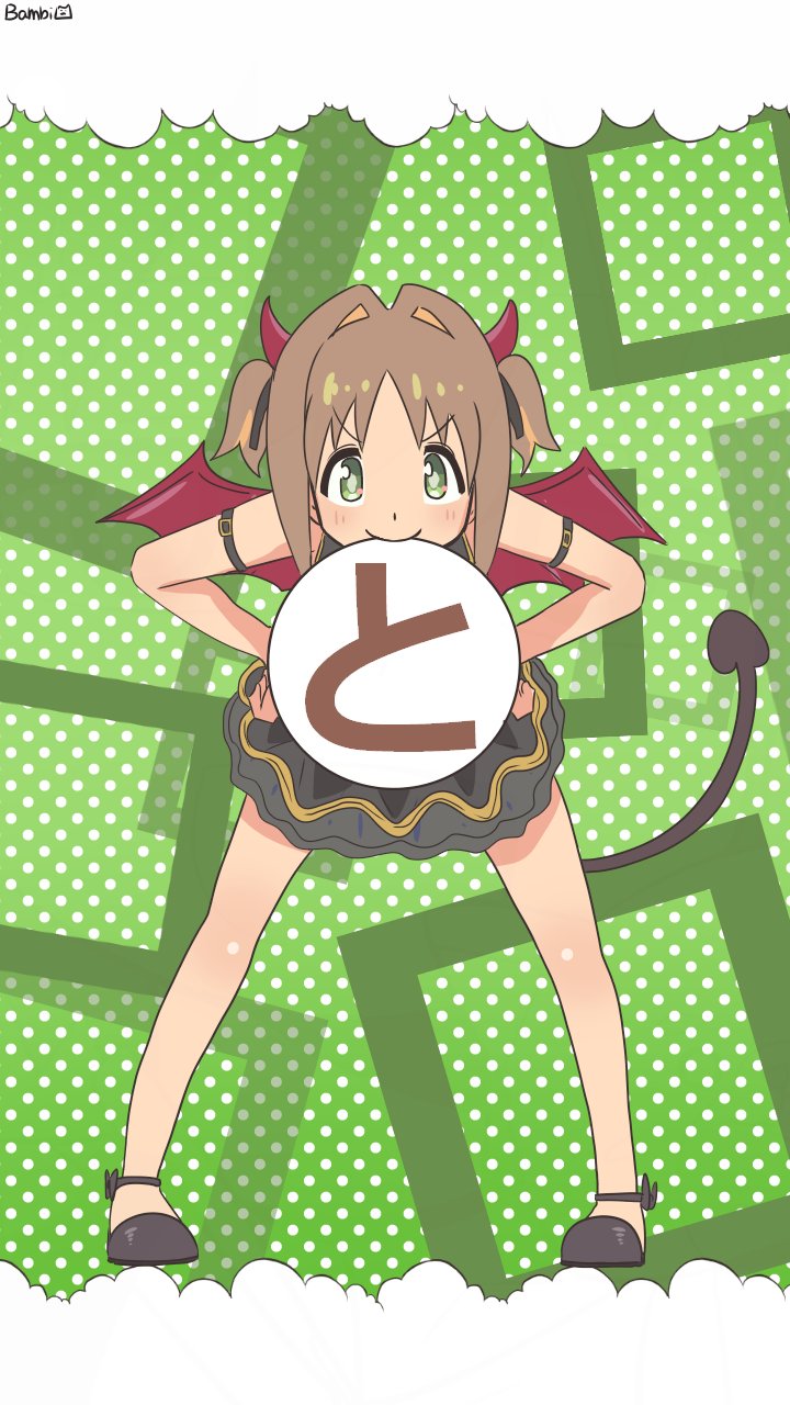 1girl arm_belt artist_name bambi2000line bare_arms bare_legs bare_shoulders bent_over black_shoes brown_hair colored_inner_hair commentary demon_costume demon_tail diamond-shaped_pupils diamond_(shape) full_body green_background green_eyes hair_intakes hands_on_own_hips highres horns legs_apart looking_at_viewer mouth_hold multicolored_hair oka_asahi onii-chan_wa_oshimai! orange_hair polka_dot polka_dot_background red_horns red_wings shoes short_hair simple_background smile solo standing symbol-shaped_pupils tail translation_request two-tone_hair two_side_up v-shaped_eyebrows wings