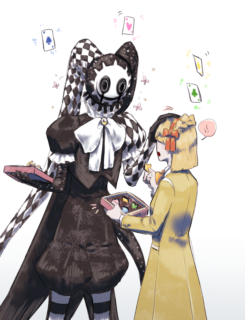 1boy 1girl anger_vein black_shorts blonde_hair box box_of_chocolates braid coat crown_braid dress hairband jester_of_nihil library_of_ruina medium_hair mid_(pixiv_63600459) open_mouth orange_hairband petting project_moon puffy_shorts shorts spoken_anger_vein tiphereth_a_(project_moon) yellow_coat yellow_dress