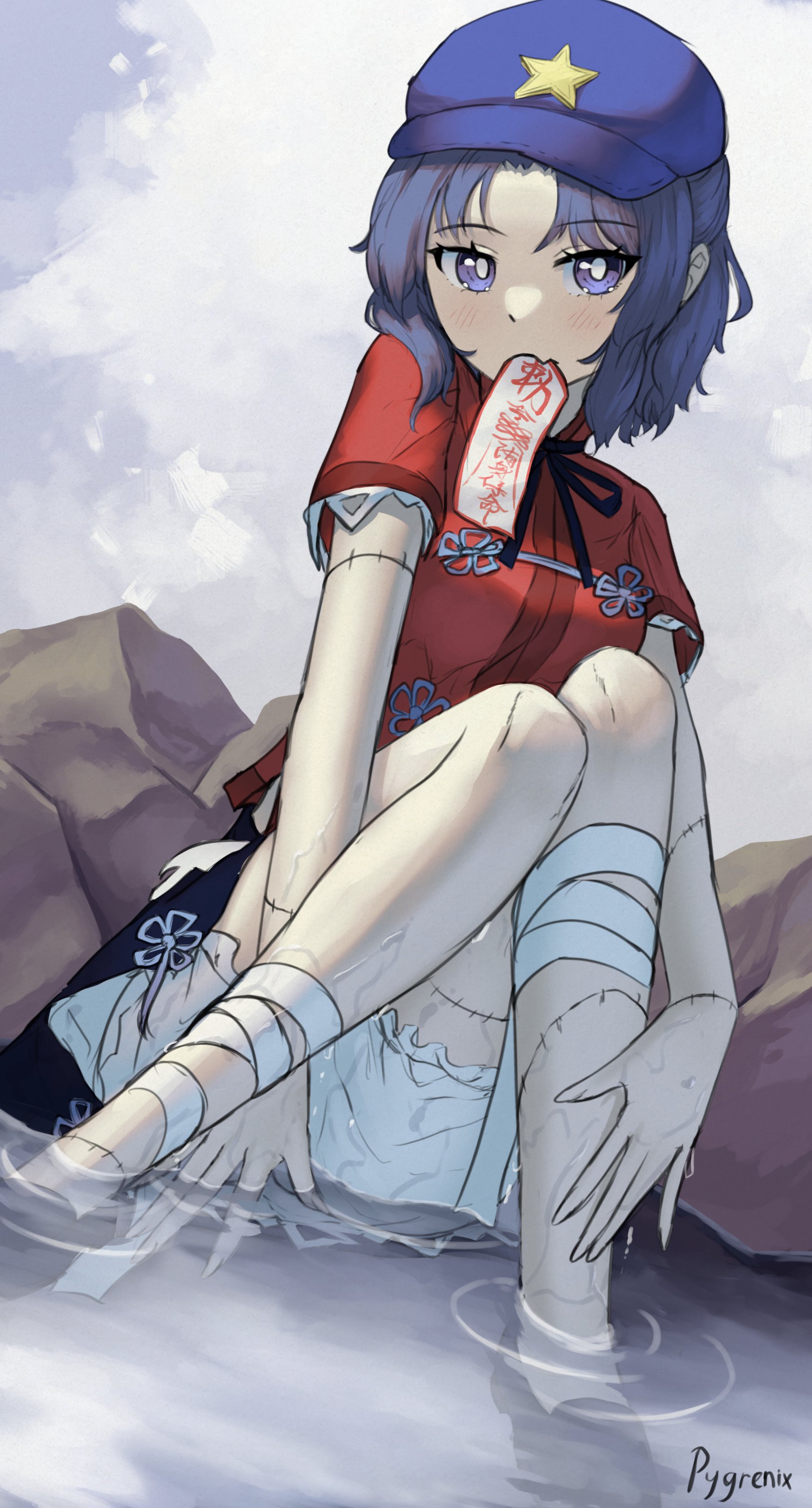 1girl absurdres bandages black_ribbon black_shoes black_skirt blue_eyes blue_hair blue_hat blush breasts bright_pupils newsboy_cap chinese_clothes closed_mouth commentary fang fingernails full_body grey_background hat hat_ornament highres lace-trimmed_sleeves lace_trim looking_at_viewer medium_breasts miyako_yoshika mouth_hold neck_ribbon ofuda ofuda_removed parted_bangs puddle pygrenix red_shirt ribbon ripples rock shirt shoes short_sleeves sitting skin_fang skirt solo star_(symbol) star_hat_ornament stitches tangzhuang touhou water white_pupils