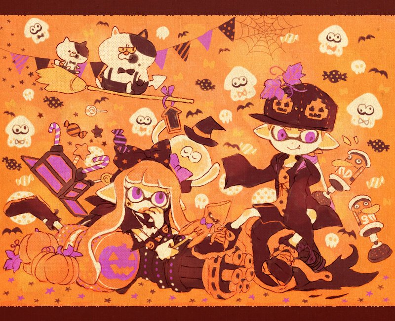 1boy 1girl animal cat halloween inkling_player_character jellyfish jellyfish_(splatoon) judd_(splatoon) kappaman li&#039;l_judd_(splatoon) nintendo quintet splatoon_(series)
