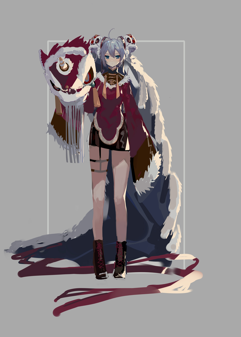 1girl ahoge animal_costume black_skirt blue_eyes blue_hair boots commentary expressionless full_body fur-trimmed_sleeves fur_trim grey_background hair_ornament hatsune_miku highres lion_costume lion_dance long_sleeves mamenomoto miniskirt red_shirt shirt skirt sleeves_past_fingers sleeves_past_wrists tassel vocaloid