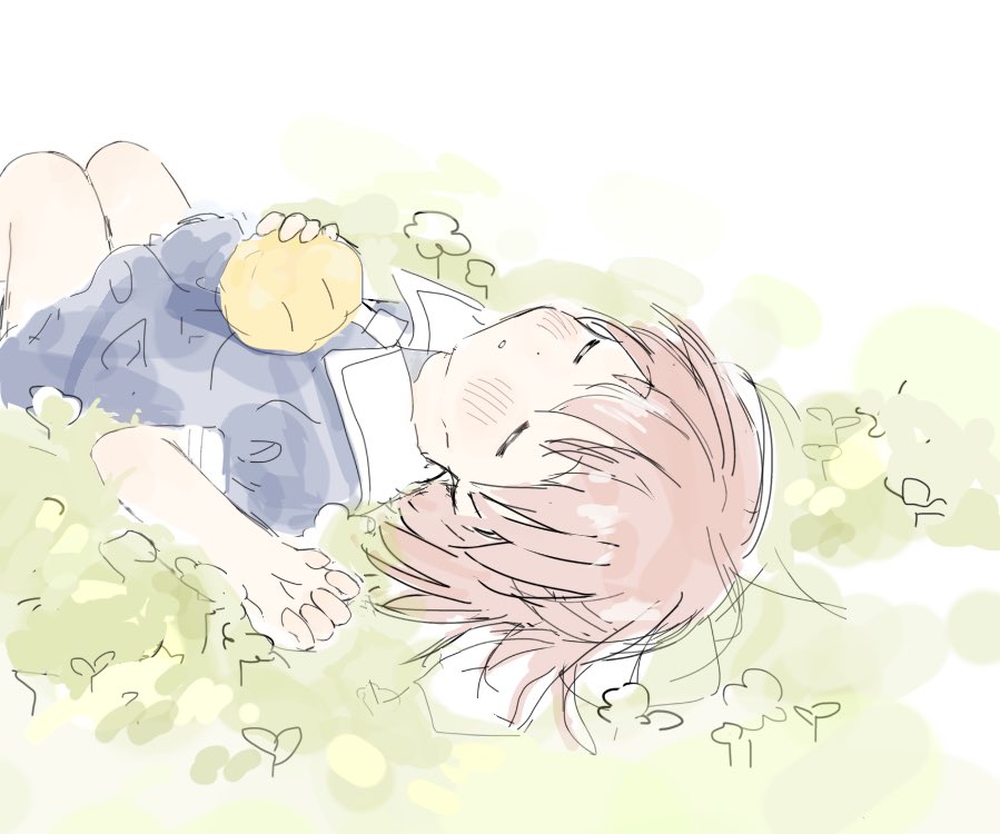 1girl brown_eyes brown_hair child clannad closed_eyes dango dress food grass lying okazaki_ushio sailor_dress school_uniform short_hair wagashi zaki_(negitorooic)