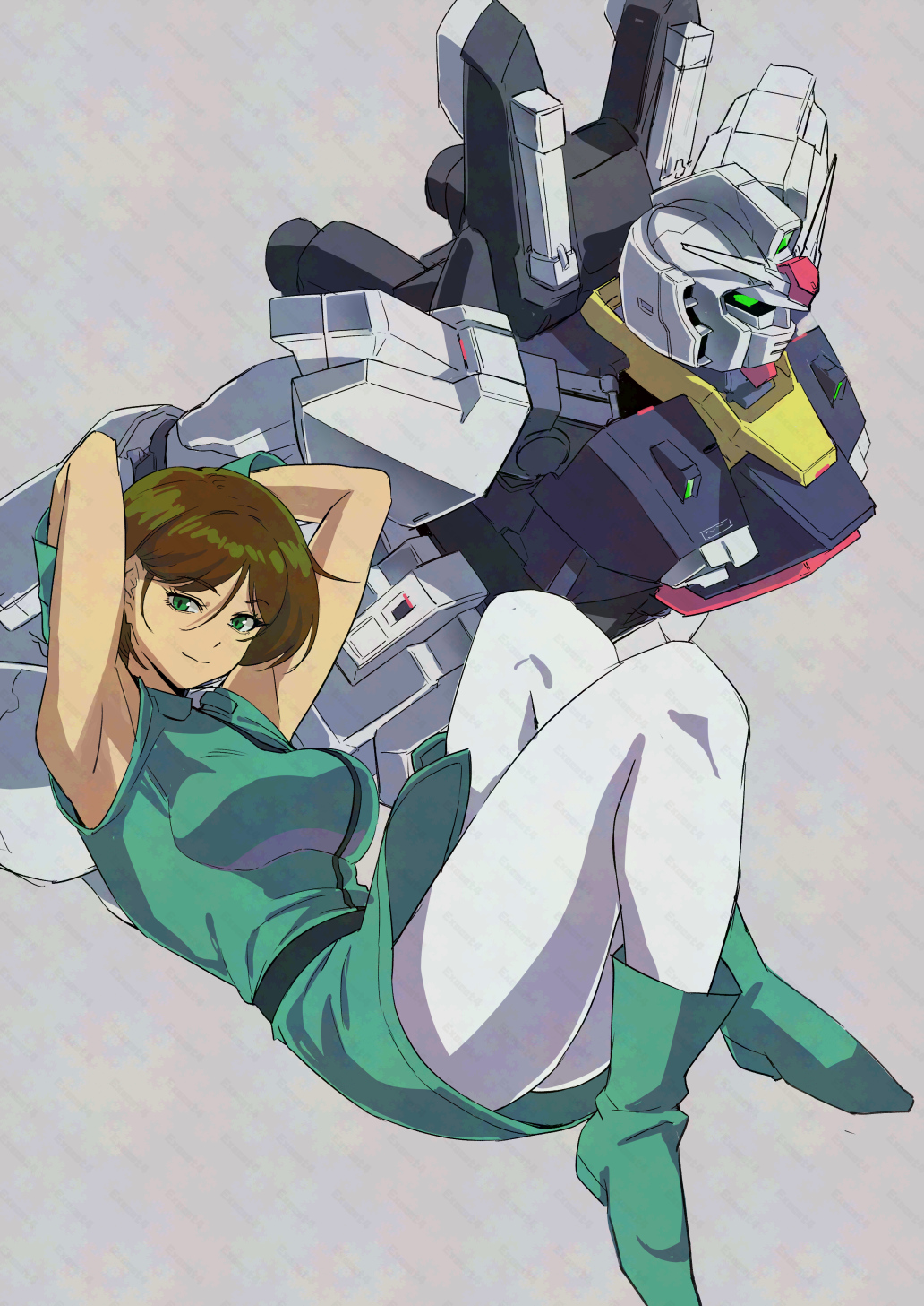1girl belt breasts brown_hair dress emma_sheen exocet_(exocet4) gloves green_eyes gundam gundam_mk_ii highres looking_at_viewer mecha military military_uniform mobile_suit robot science_fiction short_hair smile v-fin zeta_gundam