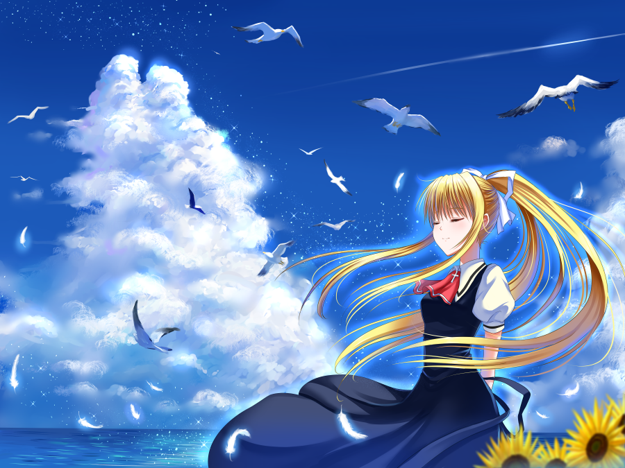 00s air_(visual_novel) bird blonde_hair blue_eyes closed_eyes flower kamio_misuzu long_hair ocean ponytail school_uniform seagull solo sunflower very_long_hair windtalker