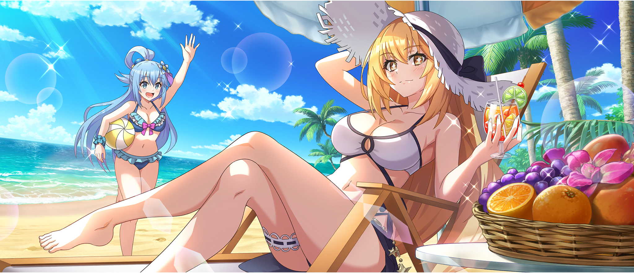 2girls :d aqua_(konosuba) arm_up armpit_crease ball bare_arms bare_legs bare_shoulders barefoot basket beach beach_chair beach_umbrella beachball bikini blonde_hair blue_bikini blue_eyes blue_flower blue_scrunchie blue_sky bow bow_bikini breasts chair cleavage cloud cloudy_sky collarbone crossed_legs crossover cup day drinking_glass flower food frilled_bikini frilled_thigh_strap frills fruit fruit_basket game_cg grapes hair_between_eyes hair_flower hair_ornament hair_rings hand_on_own_head hand_up hat highres holding holding_ball holding_beachball holding_cup horizon kono_subarashii_sekai_ni_shukufuku_wo! konosuba!_fantastic_days large_breasts light_blush light_smile long_hair looking_at_viewer lounge_chair multiple_girls navel ocean official_alternate_costume official_art on_chair open_mouth orange_(fruit) outdoors palm_tree pink_bow pink_flower reclining sand scrunchie shokuhou_misaki sideboob sidelocks single_hair_ring sky smile star-shaped_pupils star_(symbol) stomach sun_hat sunlight swimsuit symbol-shaped_pupils table thigh_strap thighs toaru_kagaku_no_railgun toaru_majutsu_no_index tree umbrella walking water white_bikini white_hat wrist_scrunchie yellow_eyes