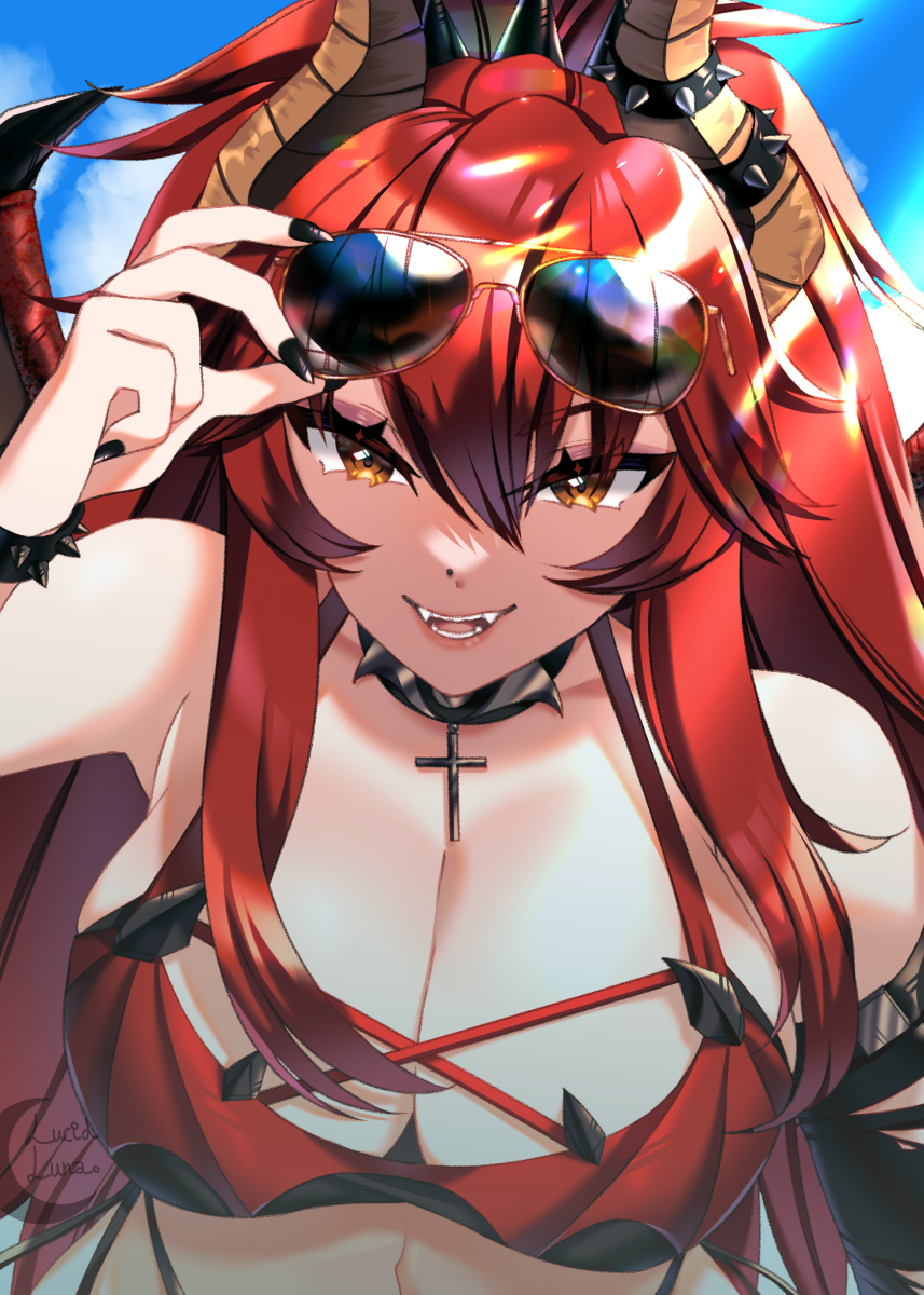 1girl adjusting_eyewear bikini black_nails bracelet breasts cleavage dragon_girl dragon_horns dragon_wings eyewear_on_head fangs fingernails head_tilt highres horns jewelry large_breasts long_fingernails looking_at_viewer lucidluna2 nail_polish outdoors red_bikini red_hair smile solo spiked_bracelet spikes sunglasses sunlight swimsuit virtual_youtuber vshojo wings yellow_eyes zentreya zentreya_(dragon)