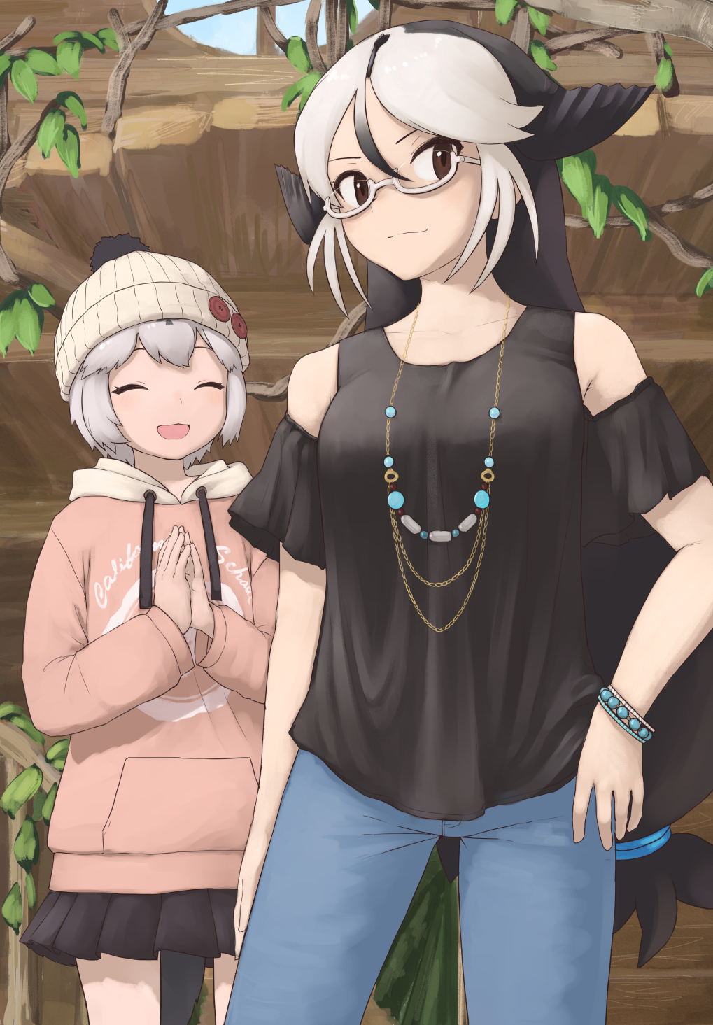 2girls bare_shoulders beanie black_hair black_shirt black_skirt brown_eyes california_sea_lion_(kemono_friends) californian_sea_otter_(kemono_friends) casual cowboy_shot denim detached_sleeves drawstring flippers glasses hair_between_eyes hair_tie hat highres hood hood_down hoodie jeans jewelry kemono_friends kemono_friends_3 long_hair long_sleeves multicolored_hair multiple_girls necklace official_alternate_costume otter_girl otter_tail pants pink_hoodie pleated_skirt rumenia_(ao2is) semi-rimless_eyewear shirt short_hair short_sleeves skirt tail two-tone_hair white_hair white_headwear