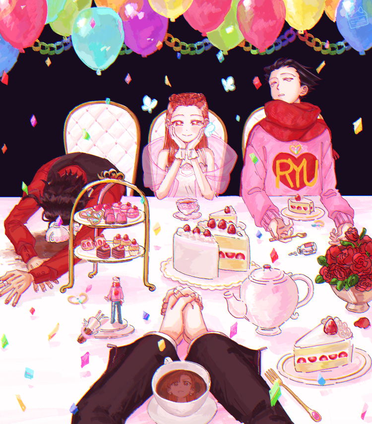 2boys 2girls ace_attorney balloon black_hair braid cake confetti crown_braid cup dahlia_hawthorne diego_armando flower food fork gloves hands_on_own_face head_on_table long_hair macaron mia_fey multiple_boys multiple_girls own_hands_clasped own_hands_together oyoyo_pe phoenix_wright phoenix_wright:_ace_attorney_-_trials_and_tribulations pill_bottle pink_shawl pink_sweater red_flower red_hair red_rose red_scarf red_shirt reflection rose scarf shawl shirt short_hair spill strawberry_shortcake sweater table teacup teapot white_gloves