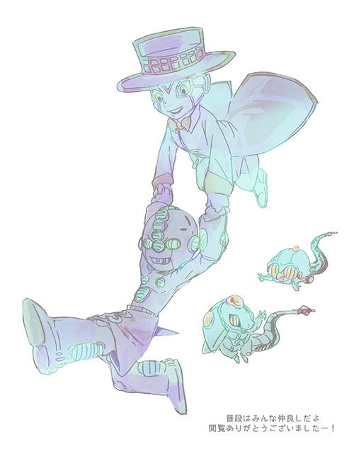 4boys carrying echoes_(stand) echoes_act1 echoes_act2 echoes_act3 hat heaven&#039;s_door iu jojo_no_kimyou_na_bouken male_focus multiple_boys multiple_persona no_humans stand_(jojo)