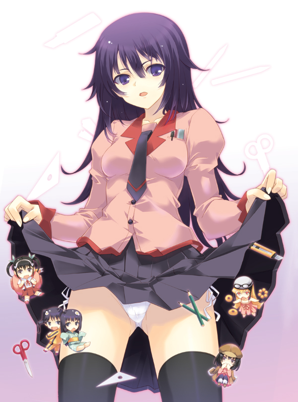 6+girls araragi_karen araragi_tsukihi bakemonogatari boxcutter chibi clothes_lift dasoku_sentarou hachikuji_mayoi lifting_own_clothes long_hair monogatari_(series) multiple_girls oshino_shinobu panties pantyshot pencil purple_eyes purple_hair school_uniform scissors sengoku_nadeko senjougahara_hitagi senjougahara_pose skirt skirt_lift thighhighs triangle underwear white_panties