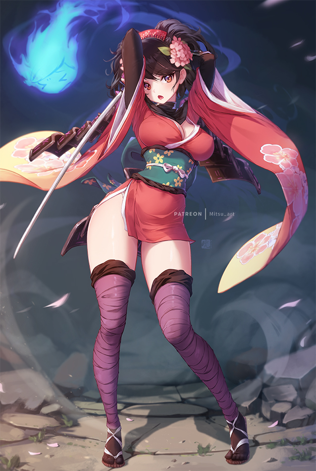 1girl armor arms_up black_hair breasts brown_eyes comb flower full_body hair_flower hair_ornament hitodama japanese_armor japanese_clothes katana kimono large_breasts mitsu_(mitsu_art) momohime obi oboro_muramasa open_mouth sandals sash short_kimono shoulder_armor standing sword thighhighs weapon zouri