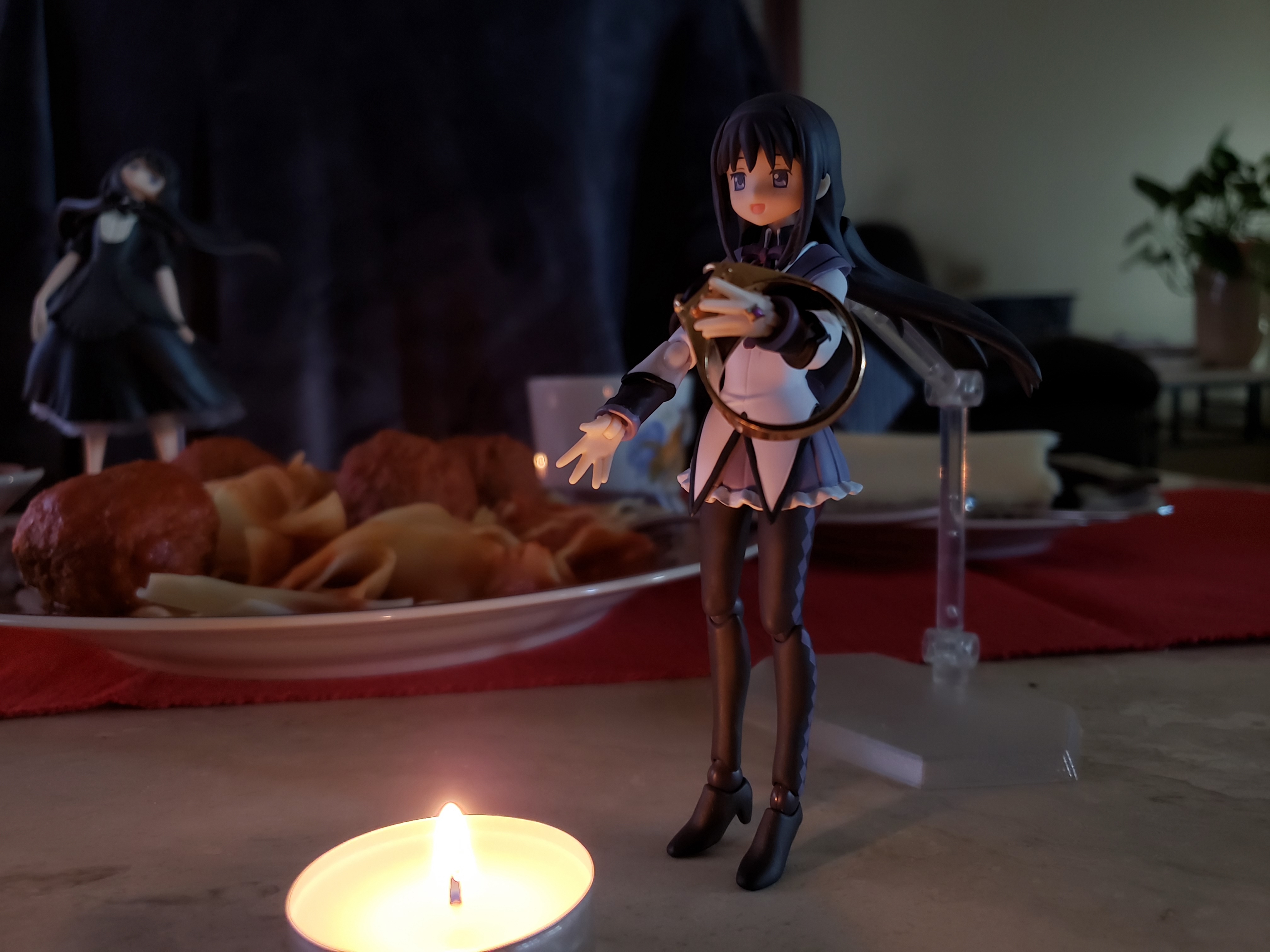 1girl 2d_dating :d absurdres akemi_homura akemi_homura_(black_dress) akemi_homura_(magical_girl) argyle_clothes argyle_legwear bird black_dress black_hair black_ribbon black_shirt black_trim blouse cheesecake chicken collared_shirt commentary cup doll_joints dress english_commentary figma figma_stand figure fire food fork frilled_skirt frills full_body funeral_dress gem gold hair_between_eyes hairband happy highres holding holding_jewelry jewelry jitome joints long_hair long_sleeves magical_girl mahou_shoujo_madoka_magica mahou_shoujo_madoka_magica_movie_1_&_2 marble meatball multiple_persona multiple_views neck_ribbon official_alternate_costume open_mouth outstretched_arm pantyhose pasta photo_(medium) placemat plant plate potted_plant purple_eyes purple_gemstone purple_skirt ribbon ring shirt sidelocks skirt sleeves_rolled_up smile soul_gem standing table teacup valentine very_long_hair vest white_vest wing_collar