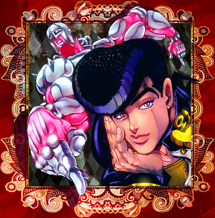 2boys araki_hirohiko black_hair colorized crazy_diamond haruja higashikata_josuke jojo_no_kimyou_na_bouken multiple_boys pompadour purple_eyes stand_(jojo)