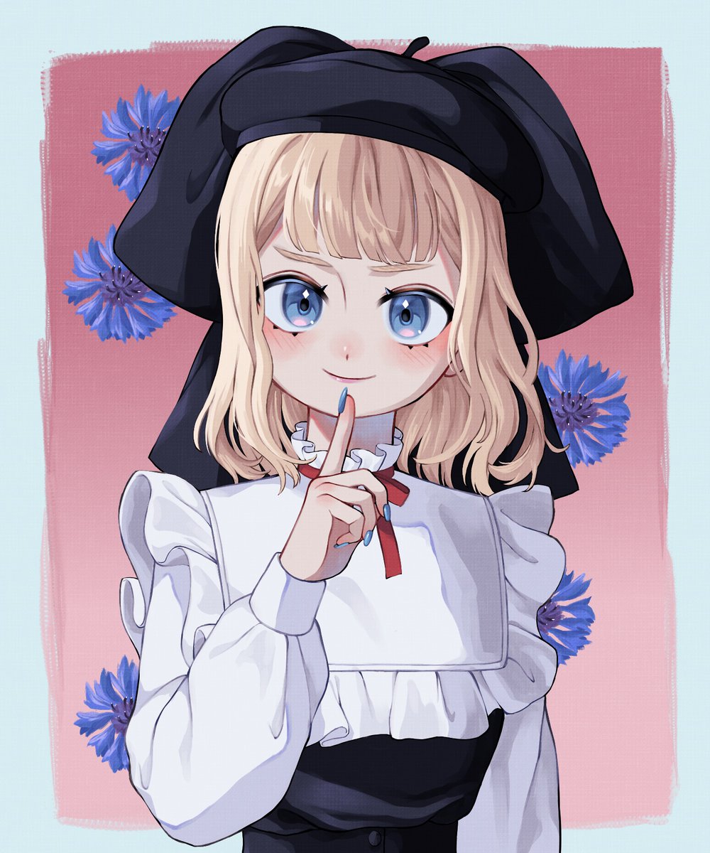 1girl beret black_dress blonde_hair blue_eyes blue_flower blush bow breasts dress flower france_(kuroussa) frills hat highres kuroussa medium_hair original personification pointing pointing_up red_bow small_breasts smile solo white_sleeves