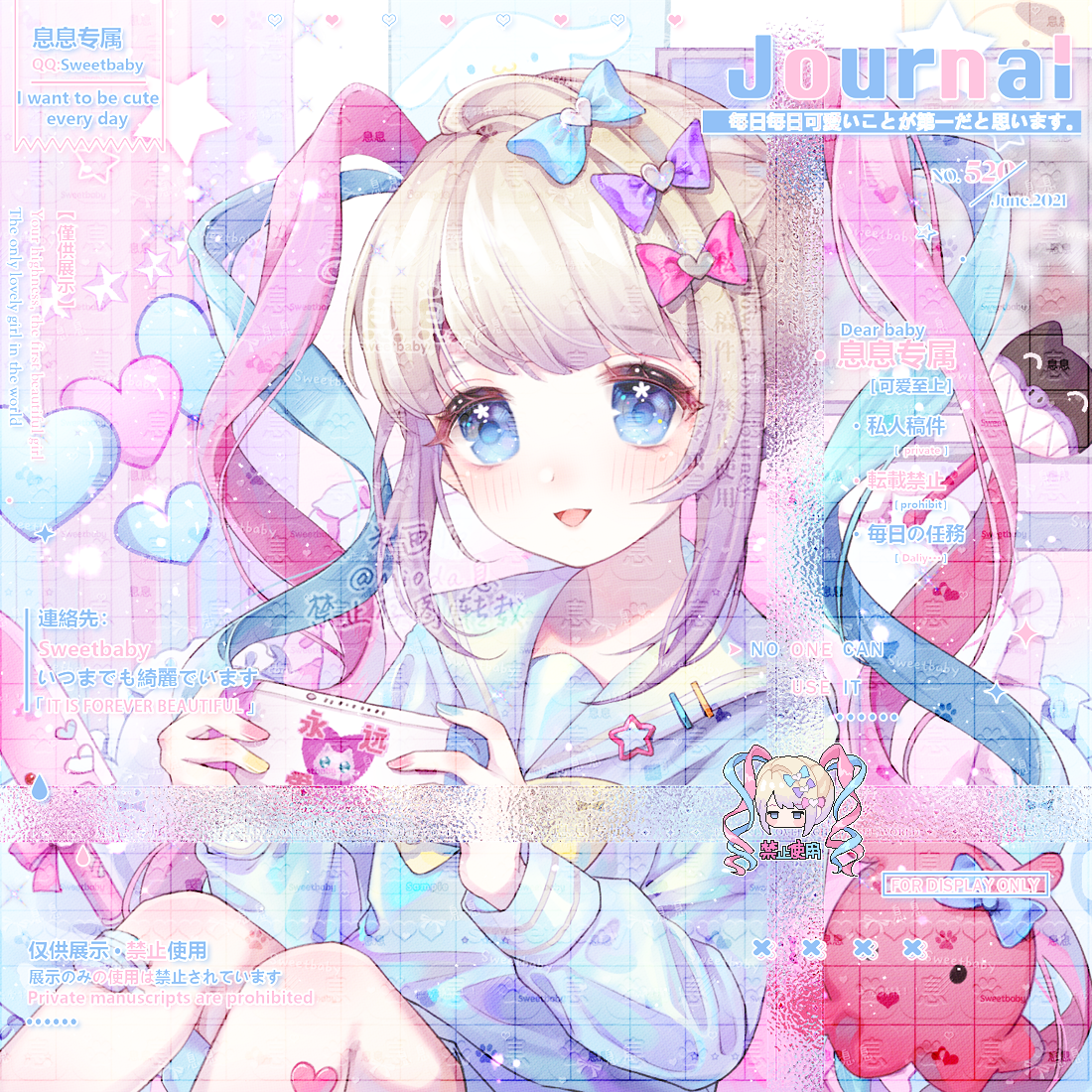 1girl :d anpanman artist_request bad_bcy_id bad_id baikinman blue_eyes blue_sailor_collar blue_shirt blush bow bowtie chinese_text chouzetsusaikawa_tenshi-chan feet_out_of_frame flower_in_eye hair_bow heart holding holding_phone knees_up long_sleeves multicolored_hair multicolored_nails multiple_hair_bows needy_girl_overdose octopus open_mouth phone pien_cat_(needy_girl_overdose) pixel_art_inset quad_tails sailor_collar sailor_shirt shirt smile solo symbol_in_eye too_many_watermarks watermark yellow_bow yellow_bowtie