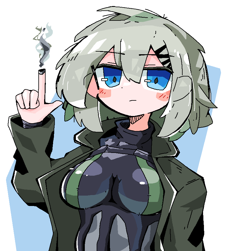 1girl :/ black_bodysuit blue_eyes blush bodysuit bodysuit_under_clothes breasts closed_mouth coat commentary cyborg diamond-shaped_pupils diamond_(shape) finger_cannon green_hair gun hair_between_eyes hatching_(texture) jaggy_lines linear_hatching marie_(peripeteia) medium_breasts medium_hair open_clothes open_coat peripeteia pointing pointing_up smoke smoking_barrel solo symbol-shaped_pupils trench_coat tsurime turtleneck turtleneck_bodysuit two-tone_background upper_body vinni_puh weapon white_background yellow_background