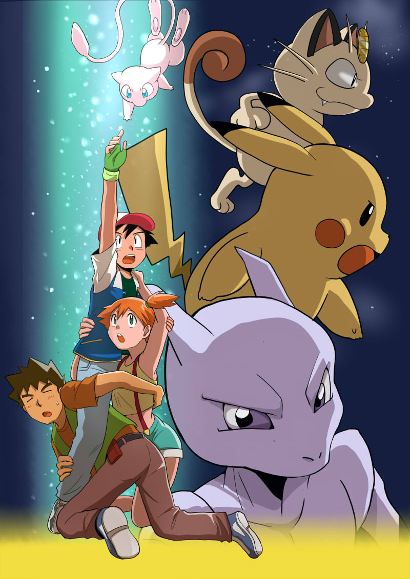 1girl 2boys ash_ketchum baseball_cap black_hair blue_pants blue_shorts brock_(pokemon) brown_hair brown_pants brown_shirt closed_eyes fingerless_gloves gen_1_pokemon gintarou_(puipuiginta) gloves green_eyes green_gloves gundam gundam_narrative hat kneeling legendary_pokemon looking_back meowth mew_(pokemon) mewtwo misty_(pokemon) multiple_boys mythical_pokemon narrative_formation nintendo one_side_up open_mouth orange_hair pants pikachu pokemon pokemon:_the_first_movie_-_mewtwo_strikes_back pokemon_(anime) pokemon_(classic_anime) pokemon_(creature) shirt short_shorts short_sleeves shorts sleeveless spiked_hair suspender_shorts suspenders sweatdrop tank_top yellow_shirt
