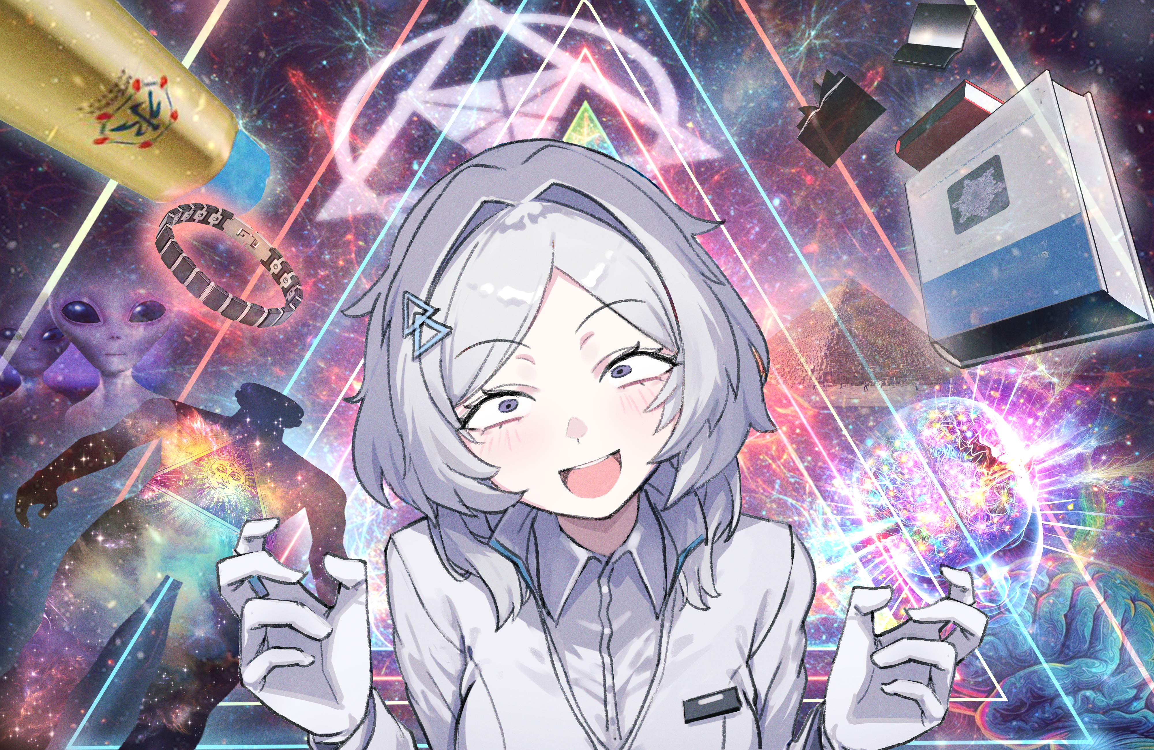 1girl absurdres alien blue_archive book commentary gabang gloves grey_eyes halo highres long_hair long_sleeves looking_at_viewer mirai_(blue_archive) open_book open_mouth shirt smile solo teeth tongue upper_body upper_teeth_only white_gloves white_hair white_shirt