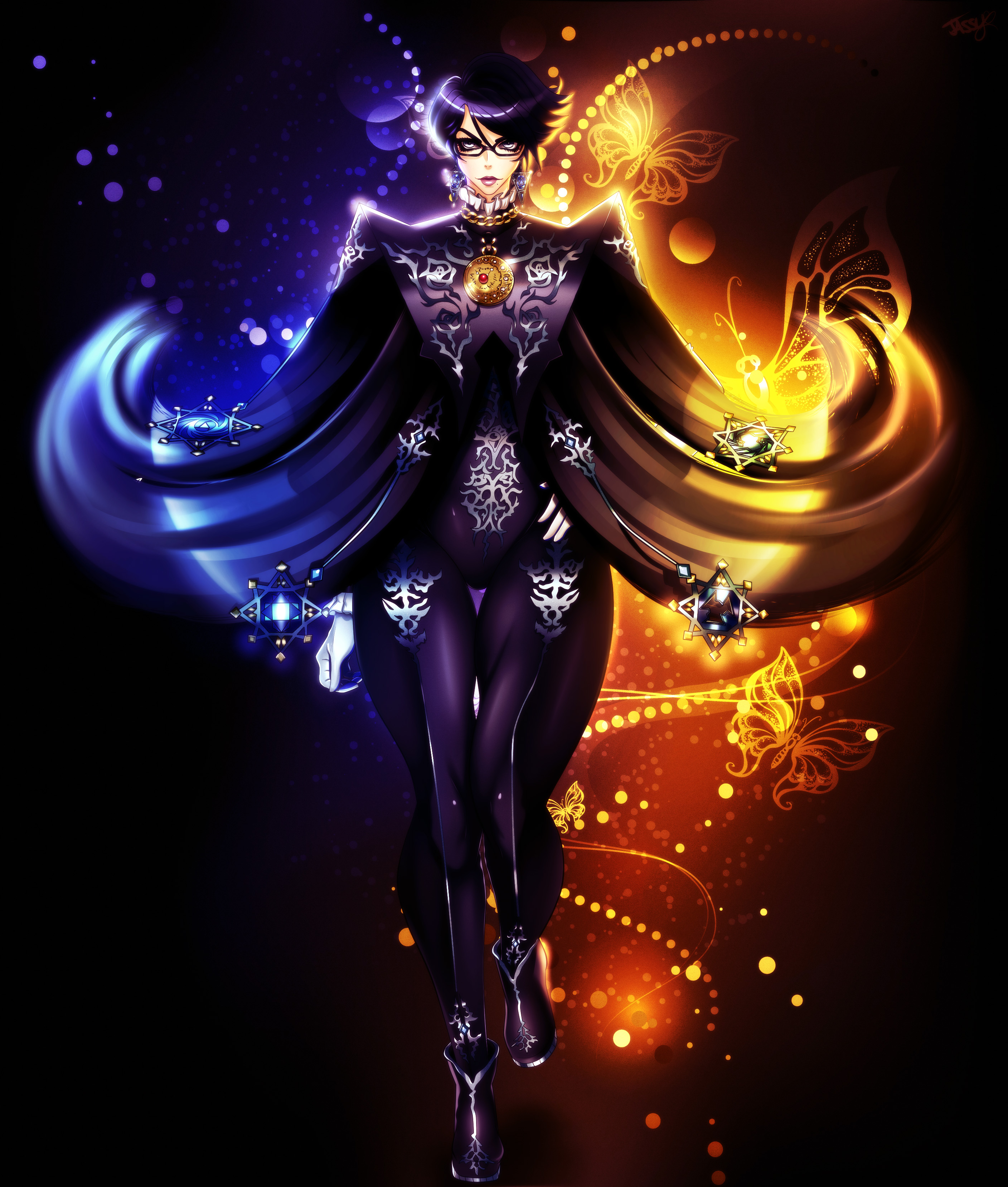 1girl absurdres bayonetta bayonetta_(series) bayonetta_2 black_hair female_focus glasses highres jassycoco looking_at_viewer short_hair solo