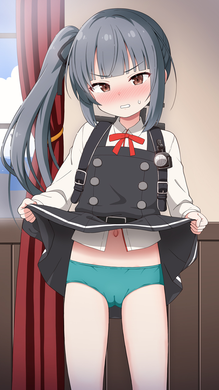 black_ribbon blush brown_eyes buruma cameltoe clothes_lift dress dress_lift grey_hair highres kantai_collection kasumi_(kancolle) kasumi_kai_ni_(kancolle) long_hair military_uniform naval_uniform neck_ribbon pinafore_dress red_ribbon ribbon school_uniform side_ponytail skirt skirt_lift sleeveless sleeveless_dress yuuma_(skirthike)
