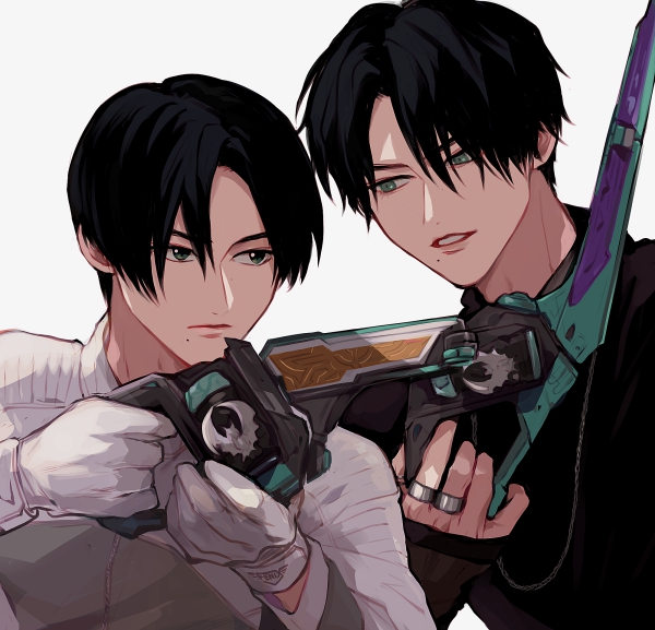2boys armband bat_(animal) bat_genome black_hair black_nails black_shirt evil_grin evil_smile evilblade fenix_uniform gloves goth_fashion green_eyes grin gun handgun holding holding_weapon igarashi_daiji jewelry kagero_(kamen_rider_revice) kamen_rider kamen_rider_revice livegun looking_at_viewer male_focus military military_uniform multiple_boys multiple_rings nail_polish pistol ring shirt smile upper_body weapon white_gloves zo_ochi2