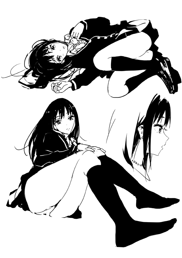 1girl blush breasts cardigan closed_mouth crossed_legs feet full_body greyscale hand_on_own_knee idolmaster idolmaster_cinderella_girls idolmaster_cinderella_girls_starlight_stage jewelry loafers long_hair looking_at_another looking_at_viewer lying mebae medium_breasts monochrome multiple_views necklace necktie on_side open_mouth panties pantyshot parted_lips school_uniform shibuya_rin shirt shoes simple_background sitting skirt socks striped_necktie underwear white_background