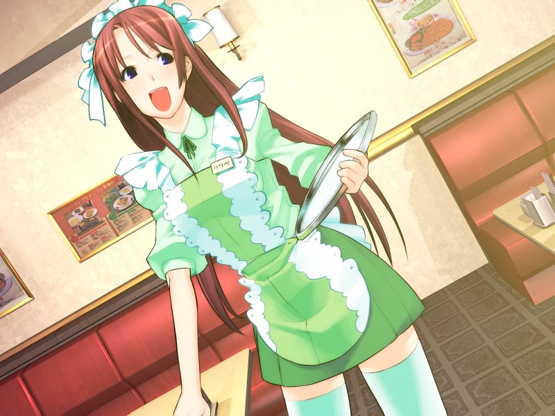 1girl angelos_armas apron blue_eyes brown_hair chuuou_higashiguchi dutch_angle female_focus game_cg hairband long_hair maid_headdress miniskirt name_tag non-web_source open_mouth red_hair restaurant skirt smile solo thighhighs tray very_long_hair waitress watabe_komaki zettai_ryouiki