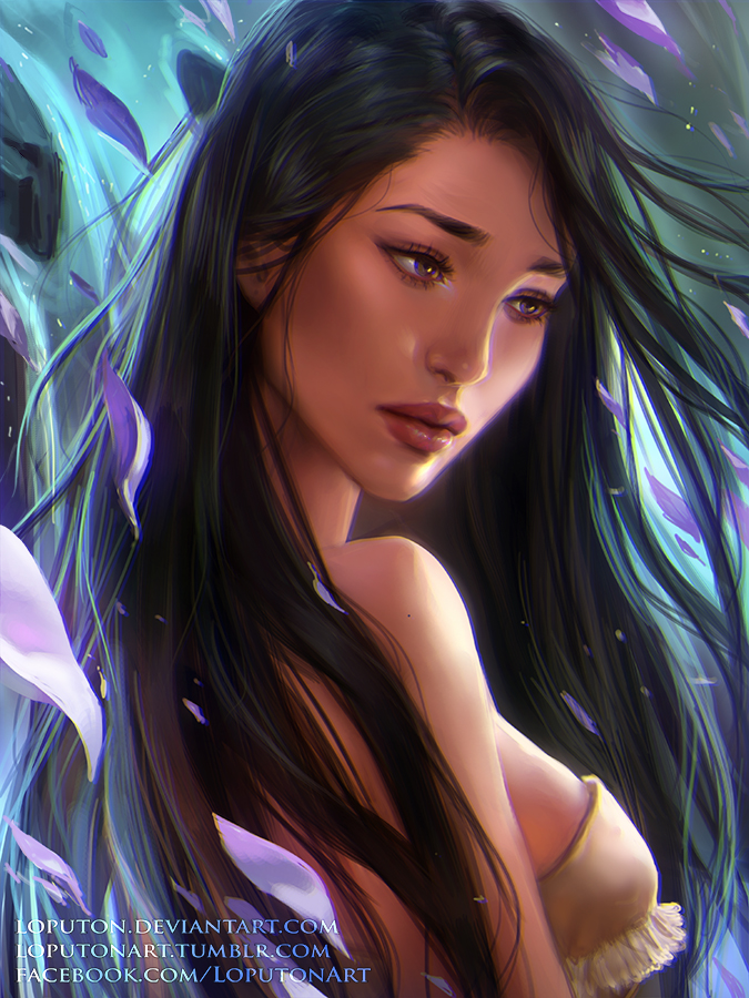 1girl artist_name black_hair brown_eyes dark-skinned_female dark_skin deviantart_username facebook_username jewelry long_hair natali-o native_american necklace pocahontas_(disney) pocahontas_(movie) solo tumblr_username upper_body watermark web_address