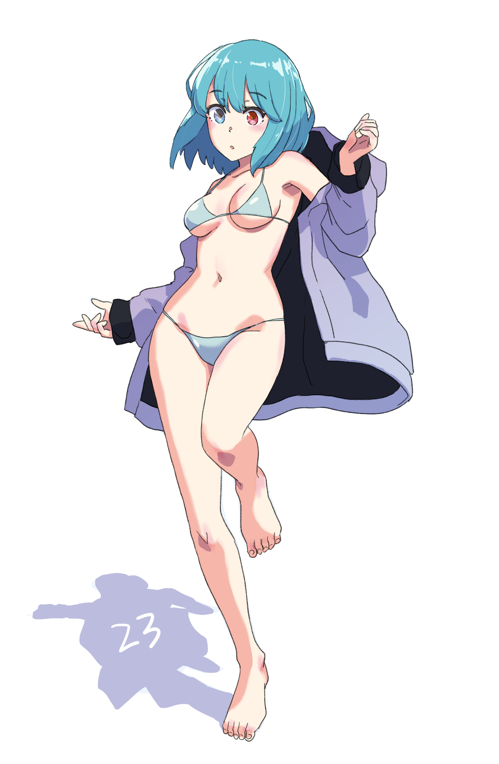 1girl bare_shoulders barefoot bikini blue_bikini blue_eyes blue_hair blush breasts cleavage collarbone commentary_request full_body heterochromia highres hood hooded_jacket jack_(wkm74959) jacket long_sleeves medium_breasts navel one-hour_drawing_challenge open_clothes open_jacket puffy_sleeves red_eyes short_hair simple_background solo standing standing_on_one_leg swimsuit tatara_kogasa toenails touhou white_background