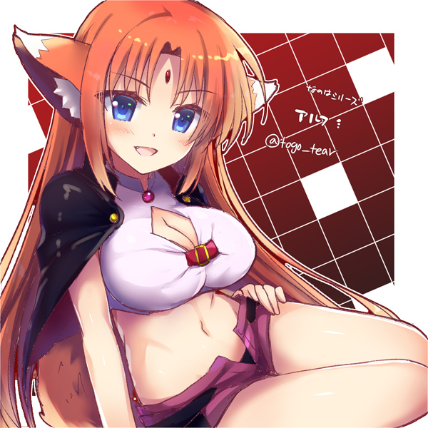 1girl animal_ears arf arm_support blue_eyes breasts character_name cleavage cleavage_cutout clothing_cutout commentary copyright_name crop_top forehead_jewel hand_on_own_hip large_breasts long_hair looking_at_viewer lyrical_nanoha mahou_shoujo_lyrical_nanoha micro_shorts midriff navel open_mouth parted_bangs pink_shirt purple_shorts red_hair shirt shorts sitting smile solo tail tougo twitter_username yokozuwari