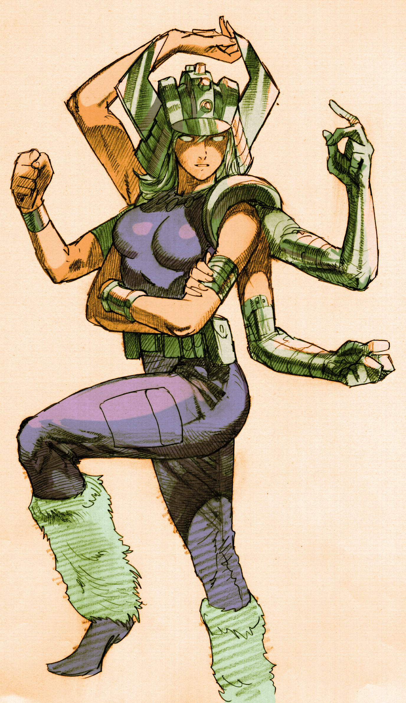 1girl bandages belt belt_pouch bengus bodysuit bracer capcom crossed_arms extra_arms fake_horns game_cg grey_armor grey_hair grey_helmet helmet highres horned_helmet horns leg_warmers long_hair marvel marvel_vs._capcom marvel_vs._capcom_2 no_pupils non-web_source official_art pouch scan simple_background solo spiral_(marvel) standing standing_on_one_leg x-men