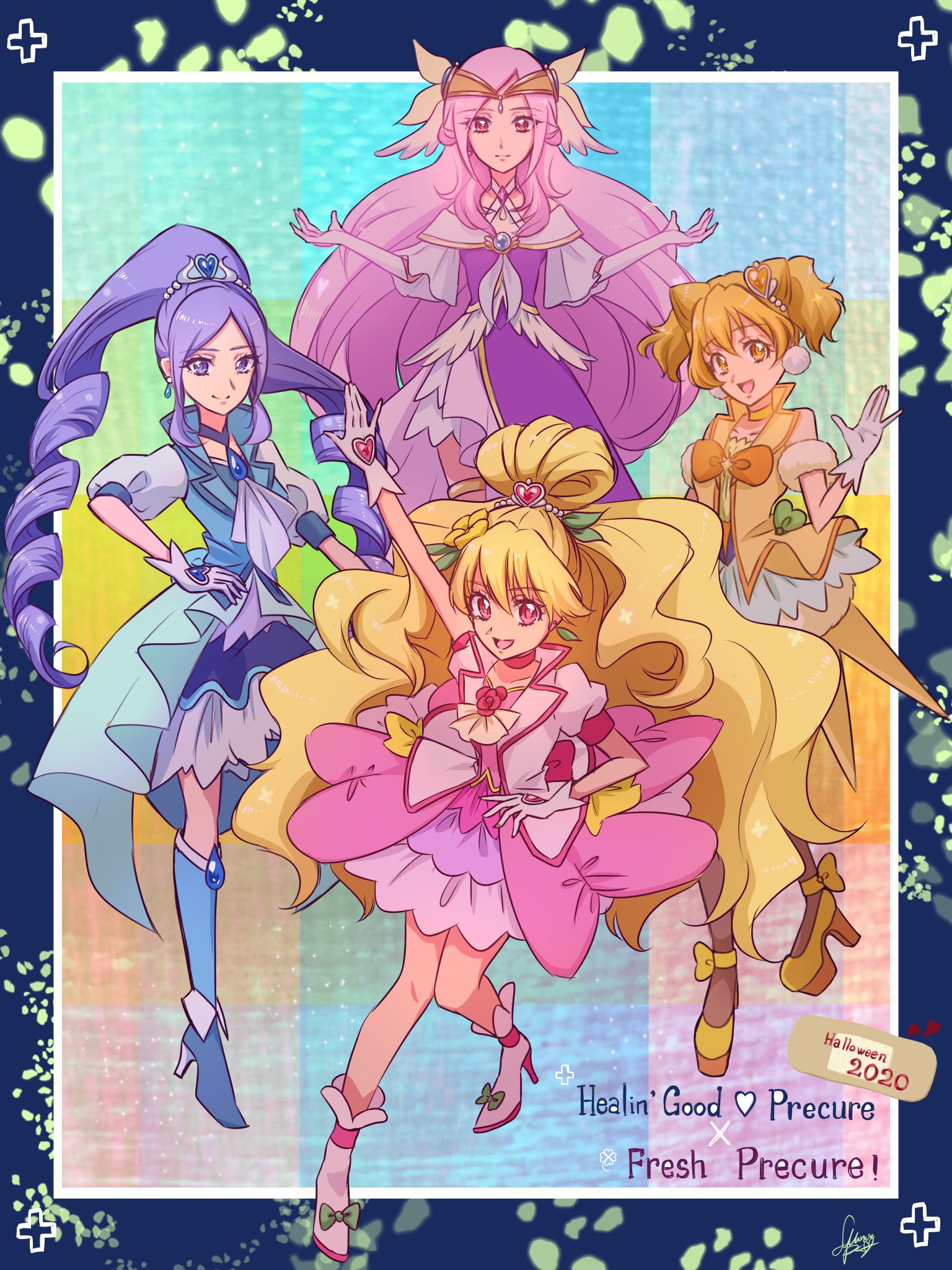 2020 4girls aono_miki artist_request bare_shoulders blonde_hair blue_eyes blue_hair blue_skirt boots choker cone_hair_bun copyright_name cosplay costume crossover cure_berry cure_earth cure_earth_(cosplay) cure_fontaine cure_fontaine_(cosplay) cure_grace cure_grace_(cosplay) cure_passion cure_peach cure_pine cure_sparkle cure_sparkle_(cosplay) dress earrings english_text eyelashes fresh_precure! gloves hair_bun hair_ornament twirling_hair hairband half_updo halloween halloween_costume happy healin'_good_precure heart heart_hair_ornament higashi_setsuna high_heel_boots high_heels highres jewelry long_hair looking_at_viewer magical_girl momozono_love multiple_girls open_mouth orange_eyes orange_hair pink_dress pink_eyes pink_hair platform_boots platform_footwear platform_heels ponytail precure puffy_short_sleeves puffy_sleeves purple_dress ribbon short_hair short_sleeves signature skirt smile source_request twintails very_long_hair vest wavy_hair white_gloves yamabuki_inori