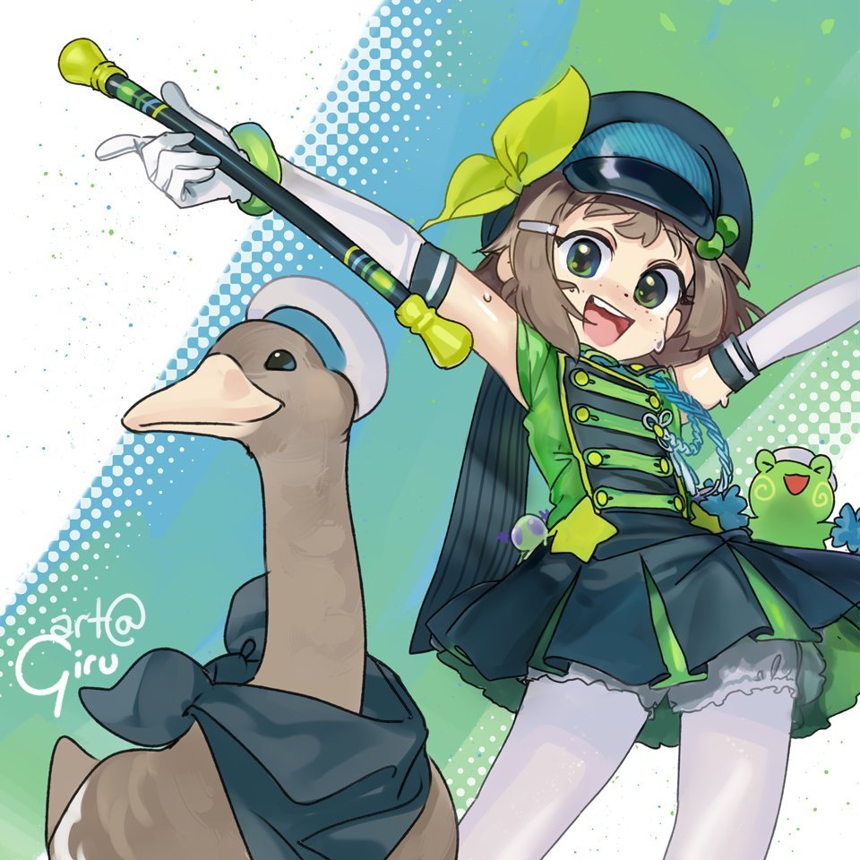 1girl 2025 2others artist_name baton bird bloomers blush brown_hair child freckles frog girutea gloves goose green_eyes hat indie_virtual_youtuber lily_hopkins multiple_others open_mouth standing sweatdrop underwear white_bloomers white_gloves