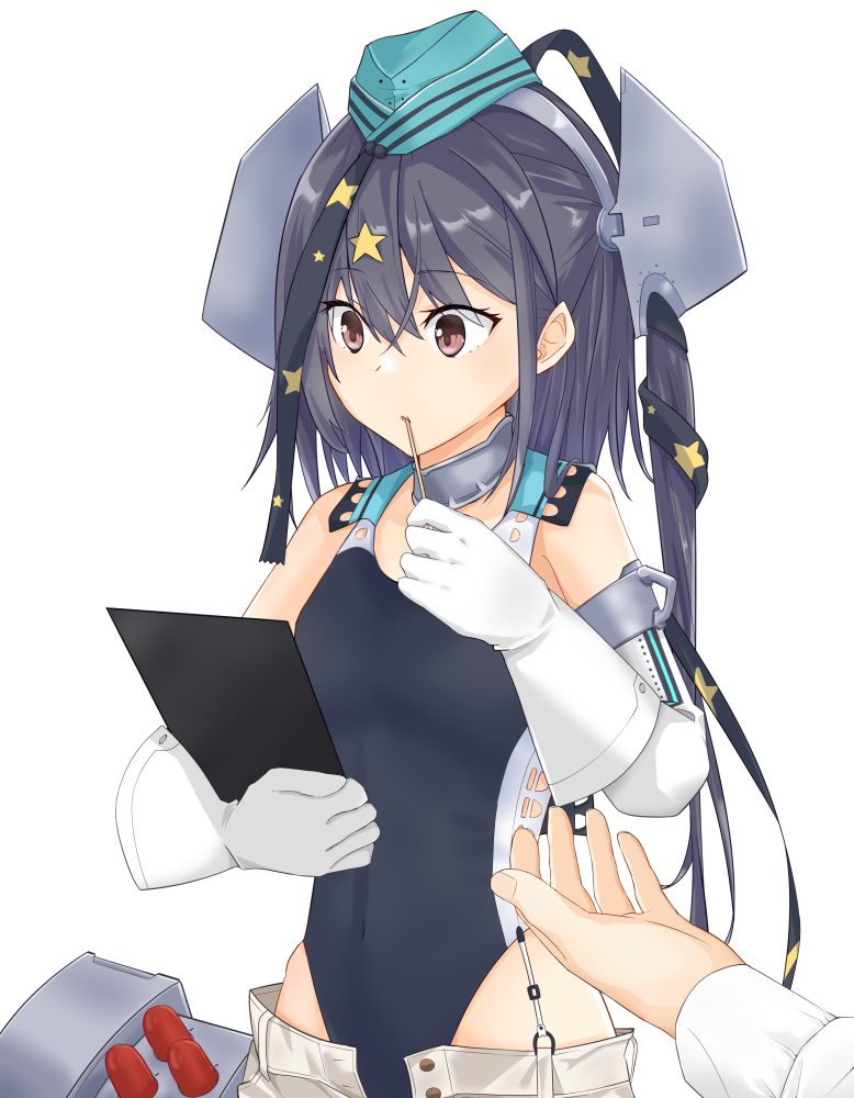 1girl aqua_headwear black_one-piece_swimsuit black_ribbon brown_eyes competition_swimsuit garrison_cap gloves grey_hair hair_ornament hat highleg highleg_one-piece_swimsuit kantai_collection long_hair makinoki one-piece_swimsuit ribbon scamp_(kancolle) short_shorts shorts side_ponytail solo_focus star_(symbol) star_hair_ornament swimsuit two-tone_one-piece_swimsuit white_gloves white_shorts