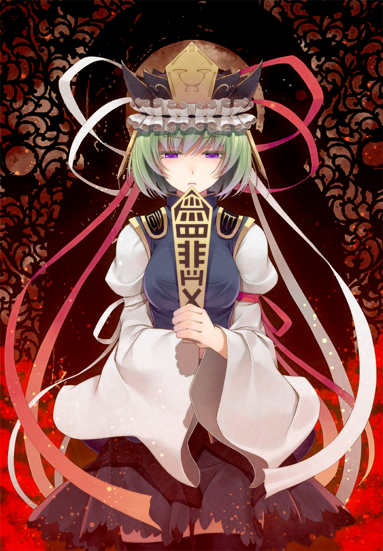 1girl armband black_thighhighs breasts crote female_focus frills garter_belt green_hair hat holding long_sleeves pink_eyes ribbon rod_of_remorse shiki_eiki shirt short_hair skirt solo thighhighs touhou wide_sleeves