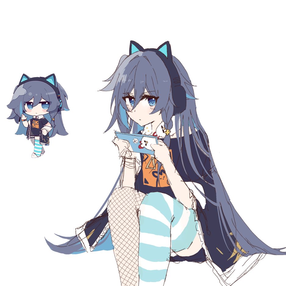 1girl animal_ear_headphones animal_ears animal_slippers asymmetrical_legwear bare_shoulders black_shirt blue_eyes blue_hair cellphone cha_noha chibi commentary_request eta fake_animal_ears fishnet_thighhighs fishnets fu_hua grey_hair hair_between_eyes headphones holding holding_phone honkai_(series) honkai_impact_3rd long_hair mismatched_legwear multicolored_hair multiple_views off_shoulder phone shirt short_sleeves simple_background sketch slippers striped_clothes striped_thighhighs thighhighs two-tone_hair very_long_hair white_background white_slippers