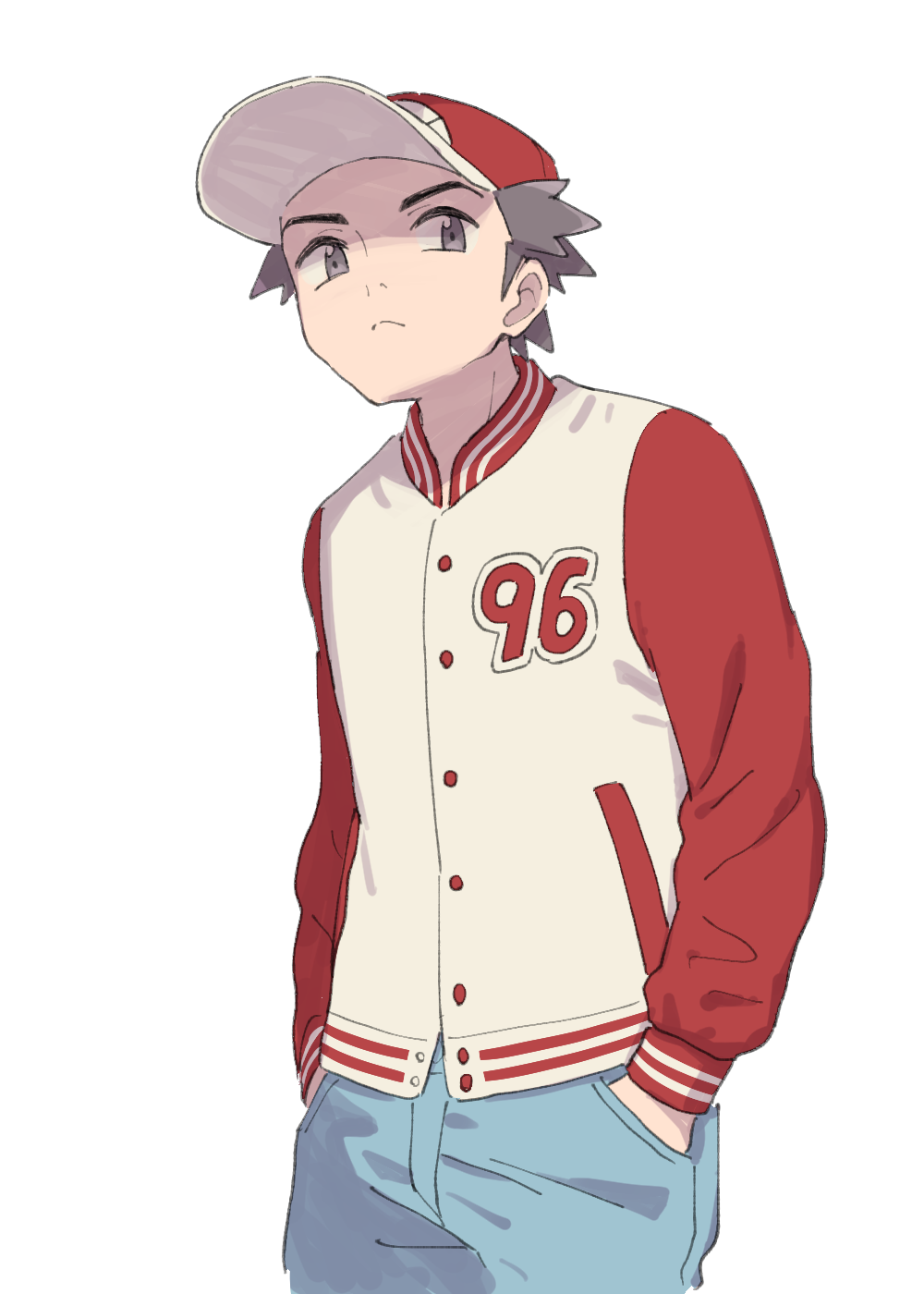 1boy alternate_costume blue_pants brown_eyes brown_hair commentary_request denim frown hands_in_pockets hat highres jacket jeans letterman_jacket male_focus nintendo pants pokemon pokemon_sm pumpkinpan red_(pokemon) red_hat red_jacket solo upper_body