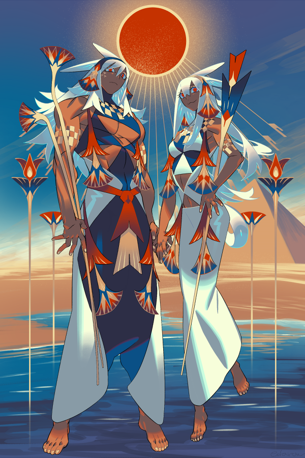 1boy 1girl :3 ancient_egyptian blue_sky center_opening commentary_request crop_top day edarow full_body great_pyramid_of_giza hand_on_own_hip long_hair looking_at_viewer muscular muscular_male original outdoors pyramid pyramid_(structure) red_eyes red_sun skirt sky very_long_hair white_hair white_skirt