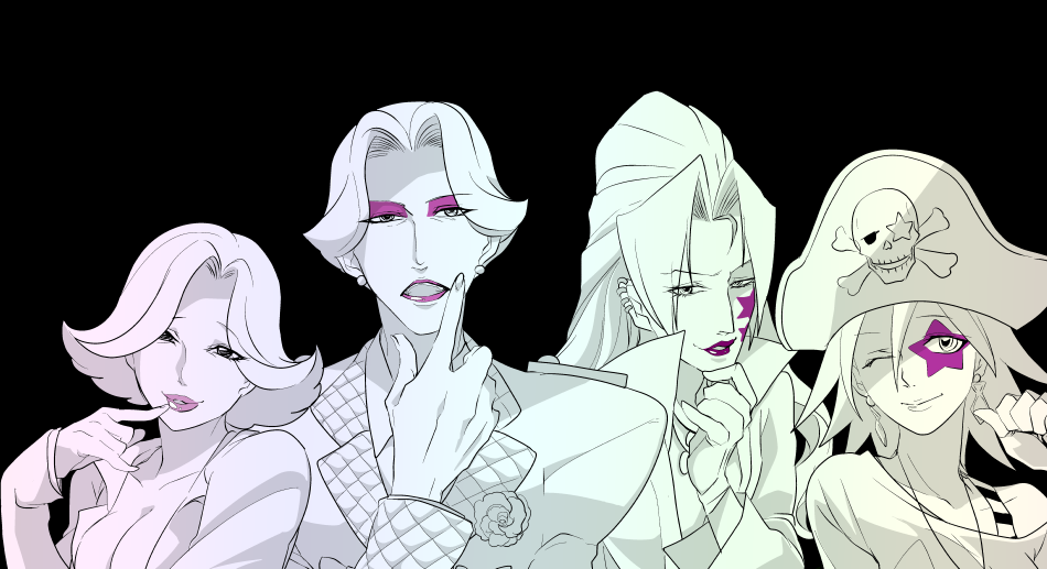 2boys 2girls ace_attorney april_may black_background boutonniere bra_strap earrings eyeshadow facial_mark finger_to_mouth florent_l&#039;belle hair_intakes hat high_collar jacket jewelry lapels lipstick long_sleeves looking_at_viewer makeup max_galactica medium_hair multiple_boys multiple_girls necklace one_eye_closed pirate_hat pncnmmm sasha_buckler short_hair single_off_shoulder smile spiked_hair star_(symbol) star_facial_mark suit_jacket upper_body