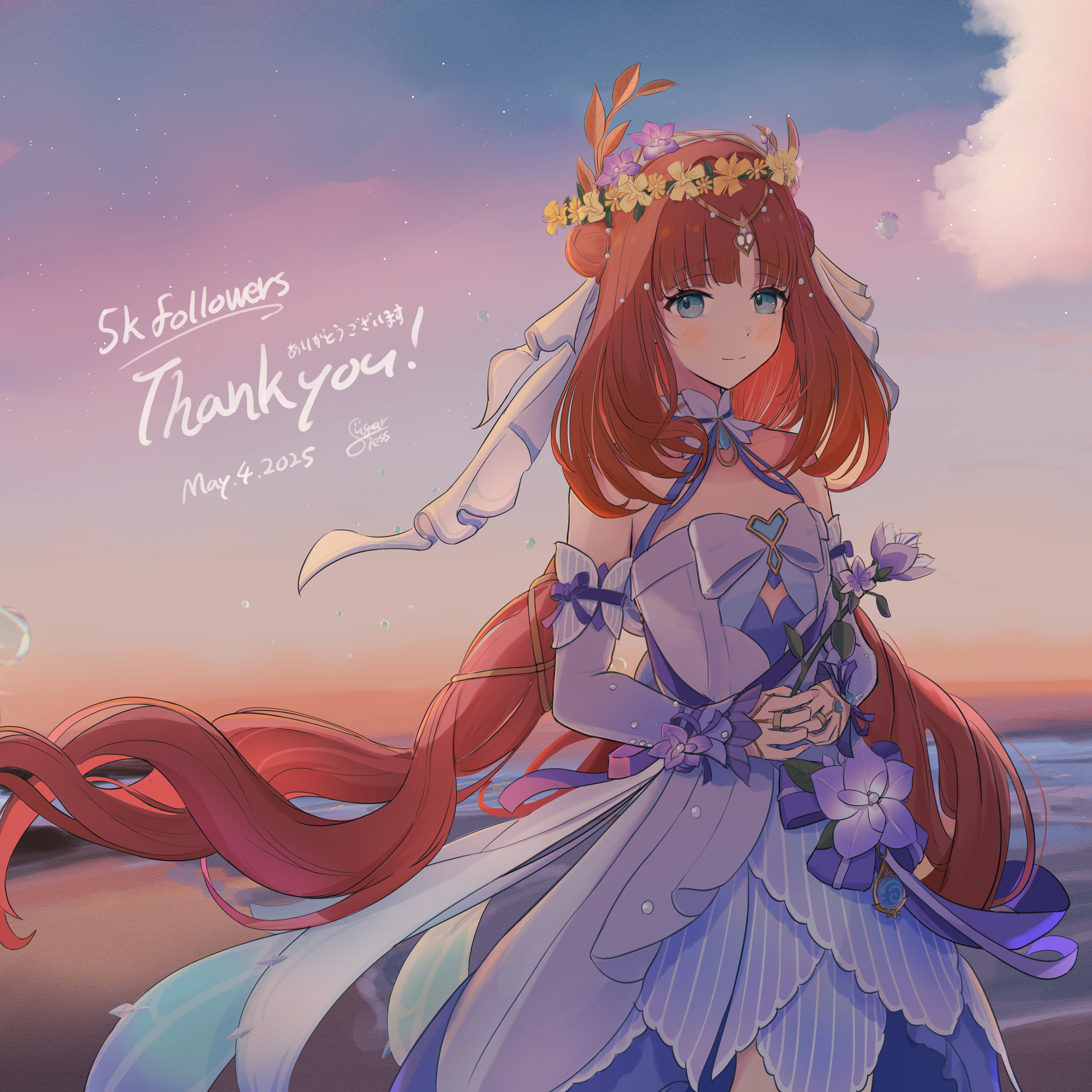 1girl bare_shoulders blue_dress blue_eyes blue_gemstone blue_sleeves blush circlet closed_mouth cloud commentary dated detached_sleeves double_bun dress fingernails flower flower_wreath gem genshin_impact hair_bun hair_flower hair_ornament head_wreath highres holding holding_flower hydro_symbol_(genshin_impact) long_hair looking_at_viewer nilou_(breeze_of_sabaa)_(genshin_impact) nilou_(genshin_impact) official_alternate_costume outdoors padisarah_flower purple_flower purple_ribbon red_hair ribbon signature sky sleeveless sleeveless_dress smile solo sugarless_(sugarless_il) symbol-only_commentary thank_you very_long_hair vision_(genshin_impact) yellow_flower