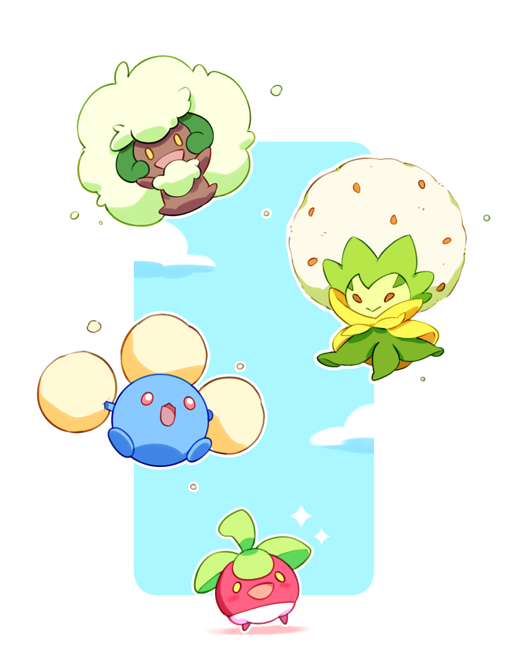 :> :3 :d arms_up blue_sky bounsweet brown_eyes closed_mouth cloud commentary eldegoss english_commentary floating flying game_freak gen_2_pokemon gen_5_pokemon gen_7_pokemon gen_8_pokemon highres jumpluff nintendo no_humans open_mouth orange_eyes outline pixelyte plant pokemon pokemon_(creature) pokemon_focus red_eyes sky smile whimsicott white_outline yellow_eyes