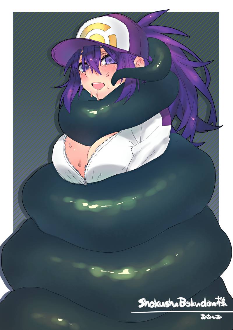 1girl asphyxiation baseball_cap blush breasts cleavage commission constriction drooling hair_between_eyes hat jacket large_breasts long_hair looking_at_viewer nintendo no_bra ooshio7734 open_mouth original pokemon pokemon_trainers ponytail purple_eyes purple_hair saliva second-party_source sidelocks skeb_commission squeezing tearing_up tears white_jacket wrapped zipper zipper_pull_tab