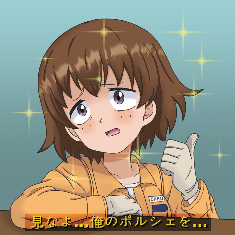 1girl blue_eyes brown_hair commentary elbow_rest freckles girls_und_panzer gloves grey_gloves jumpsuit kkonmulbeom_nyomy long_sleeves mechanic medalist_(manga) meme orange_jumpsuit short_hair smug_inori_(meme) solo sparkle thumbs_up translated tsuchiya_(girls_und_panzer) white_undershirt