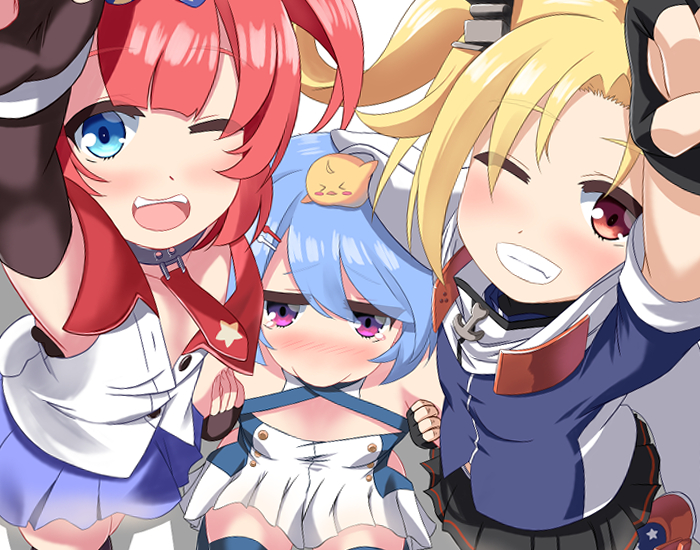 &gt;_&lt; 3girls azur_lane baby_animal bare_shoulders bird black_legwear blonde_hair blue_eyes blue_hair blush blush_stickers chick clevelad_(azur_lane) fingerless_gloves from_below gloves grin hair_ornament lena_(azur_lane) li&#039;l_sandy_(azur_lane) manjuu_(azur_lane) multiple_girls nanashi_ren one_eye_closed pink_eyes red_eyes red_hair short_hair side_ponytail skirt smile thighhighs