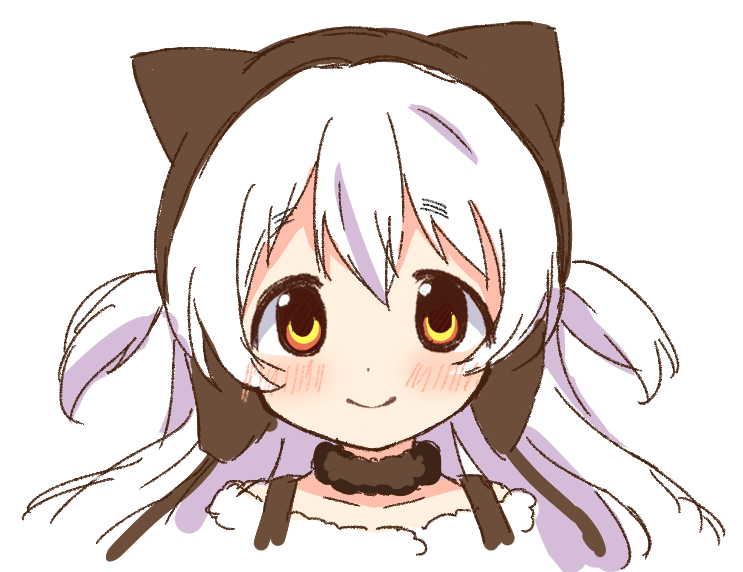 1girl animal_ear_headwear animal_ears beanie black_choker brown_hat capelet cat_ears choker closed_mouth collarbone cropped_torso dot_nose earflap_beanie fake_animal_ears fur-trimmed_capelet fur_choker fur_trim hair_through_headwear hat light_blush long_hair looking_at_viewer magical_girl mahou_shoujo_madoka_magica mahou_shoujo_madoka_magica:_hangyaku_no_monogatari momoe_nagisa momoe_nagisa_(magical_girl) ringed_eyes ruru_(rurumagi) simple_background smile solo straight-on strap tareme two_side_up white_background white_hair yellow_eyes